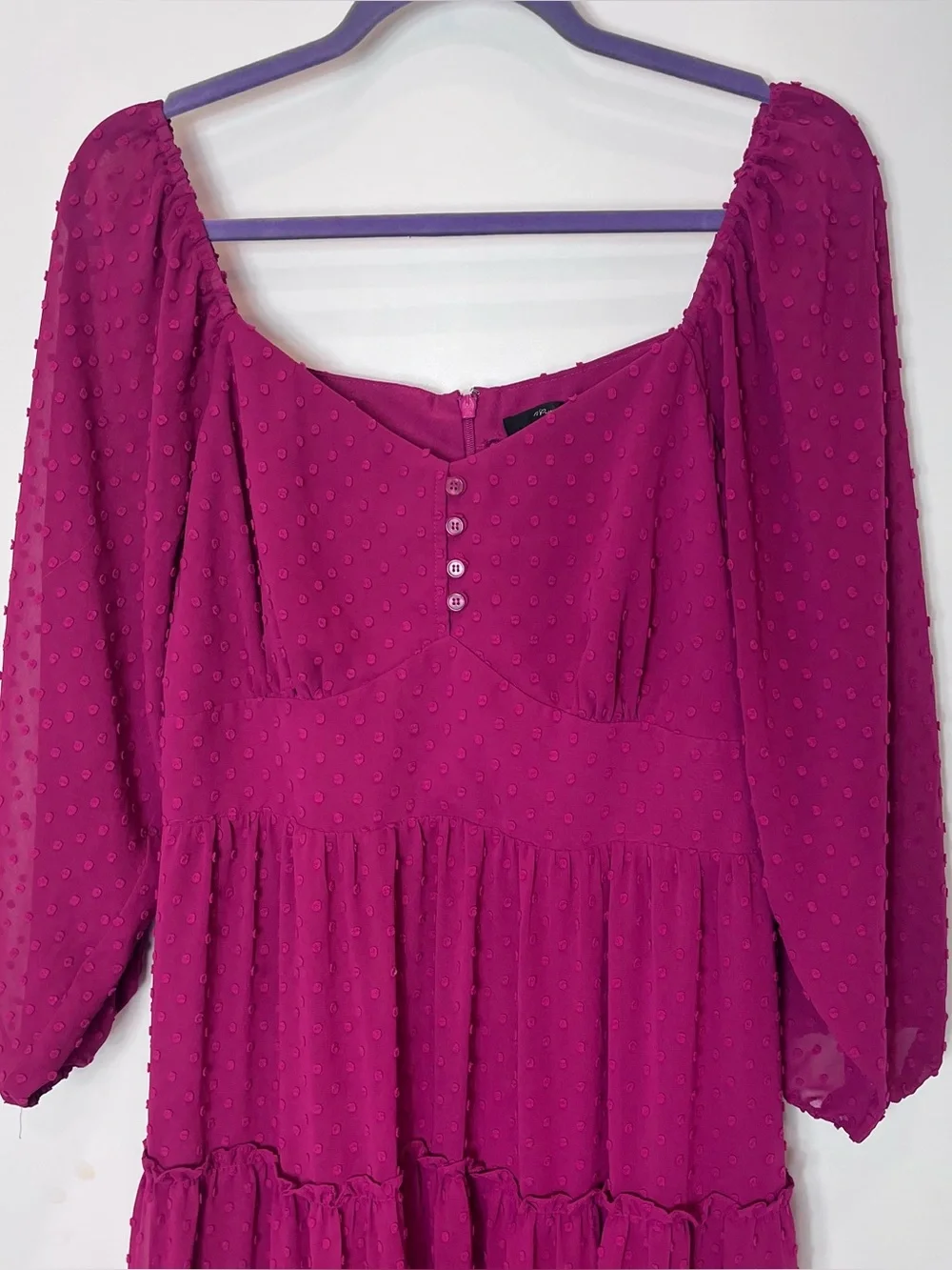 J. Crew Tiered Swiss Dot Midi Dress Berry Pink Ruffle Elegant Puff Sleeve 12